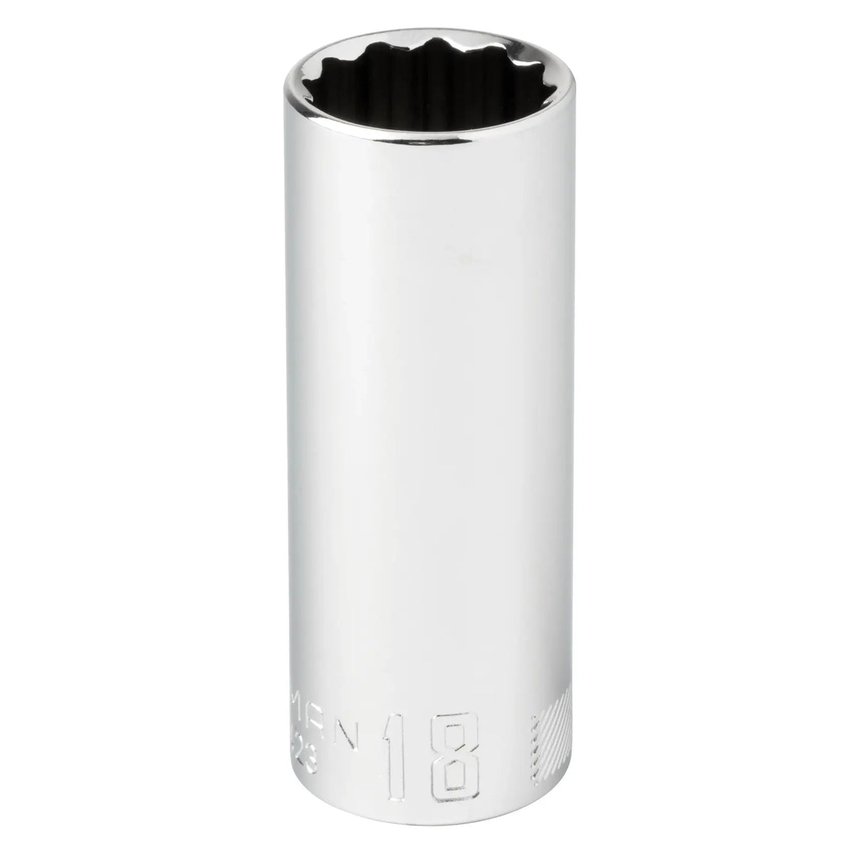 Craftsman chrome deep socket 18mm, CMMT44423, front angle, with twelve-point interior.