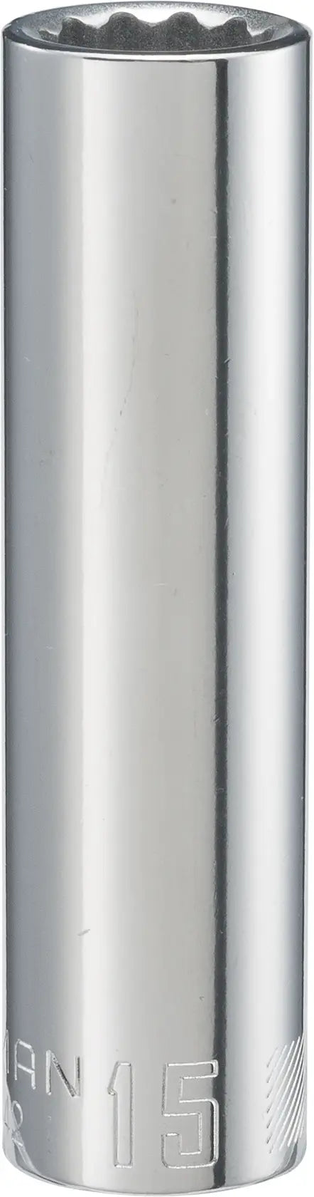 Craftsman CMMT44442 chrome deep socket, 15mm, photographed upright on a white background.