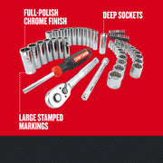 Photo of Craftsman socket and ratchet set with full-polish chrome finish, deep sockets, SKU CMMT45061, graphics angle.