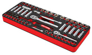 Craftsman red and black socket set with ratchet and extensions, photography angled view CMMT45094