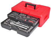 Craftsman red tool box with socket and ratchet set CMMT45256, front angle photo.