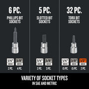CRAFTSMAN graphics CMMT45310 showing variety of bit sockets: Phillips, slotted, Torx in SAE and metric sizes.