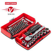 Craftsman V-Series socket and bit set CMMT45751V in red case, angled view, tools organized in compartments.