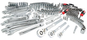 A large assortment of chrome hand tools including wrenches, ratchets, sockets, extensions, bit drivers, and screwdriver handles arranged on a white background.
