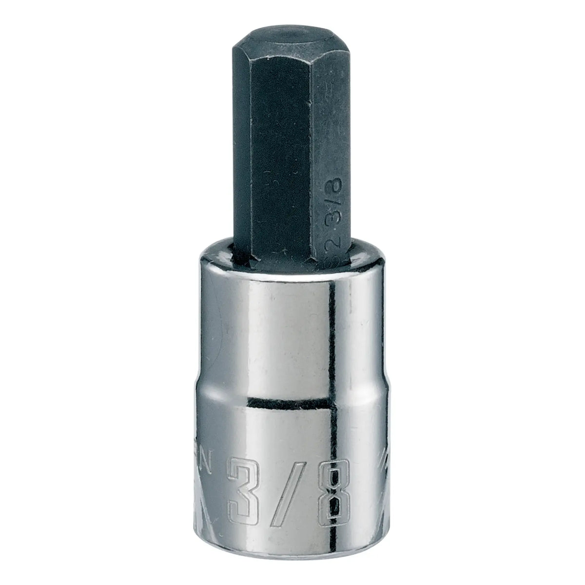 Photo of Craftsman hex bit socket, chrome finish, size 3/8 in, SKU CMMT46665, product shown upright on white background.