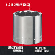 Photo of Craftsman 1-1/2 inch shallow socket, SKU CMMT47518, with large stamped markings and full-polish chrome finish, front angle.