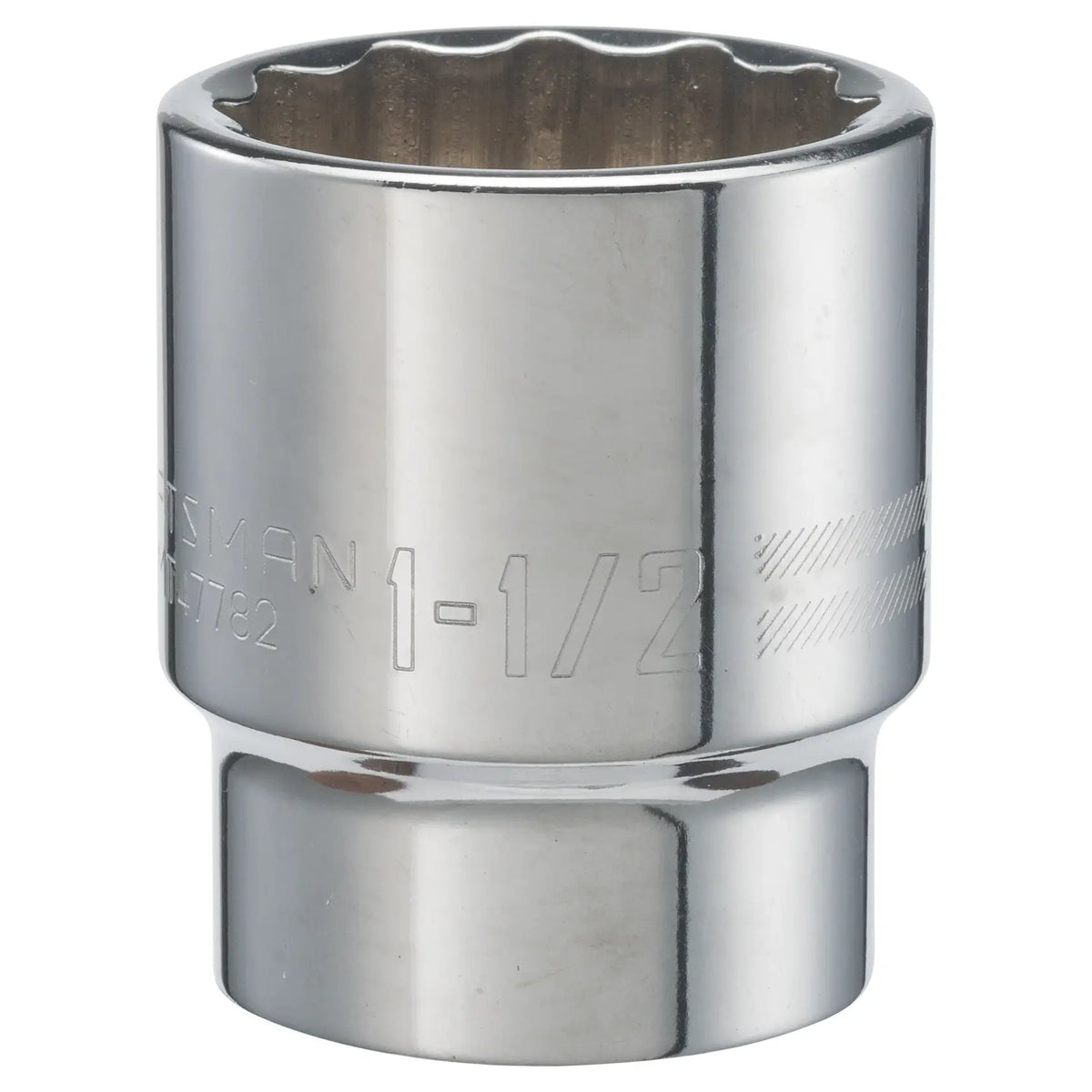 Craftsman chrome socket 1-1/2 inch, SKU CMMT47782, shown upright on white background, tool photography.