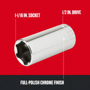 Craftsman 1-1/16 in. socket, 1/2 in. drive, full-polish chrome finish, SKU CMMT50756, angled view on white background.