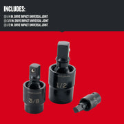 Photo of three Craftsman drive impact universal joints, sizes 1/4, 3/8, and 1/2 inch, SKU CMMT57569, front angle.