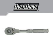 Photo of Craftsman CMMT82110 ratchet with chrome finish, straight handle, and OverDrive branding, side angle.