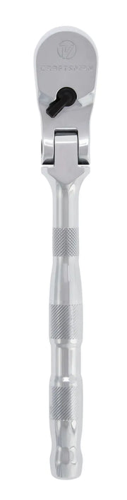 Photo of Craftsman flexible head ratchet, silver finish, with knurled grip, SKU CMMT86332V, front angle on white background.