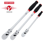 Photo of CRAFTSMAN V-Series ratchet set with three long-handled wrenches, black grips, SKU CMMT86506V, front view.