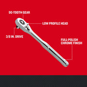 Craftsman CMMT86722 3/8 inch drive ratchet with low profile head and full-polish chrome finish, side angle.