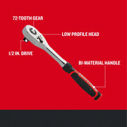 Photo of Craftsman 1/2 in. drive ratchet with 72-tooth gear, low profile head, bi-material handle, CMMT86823, side angle.
