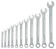 Craftsman CMMT87018 wrench set with twelve silver combination wrenches arranged by size, white background, top view.