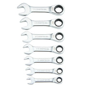A set of seven CRAFTSMAN ratcheting combination wrenches arranged in a row, showing various SAE sizes engraved on the handles. Each wrench has a chrome finish with an open end on one side and a ratcheting box end on the other.