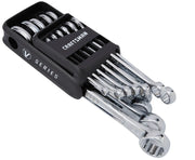 Photo of Craftsman V-Series chrome combination ratcheting wrenches set in black holder, SKU CMMT87300V, angled view.