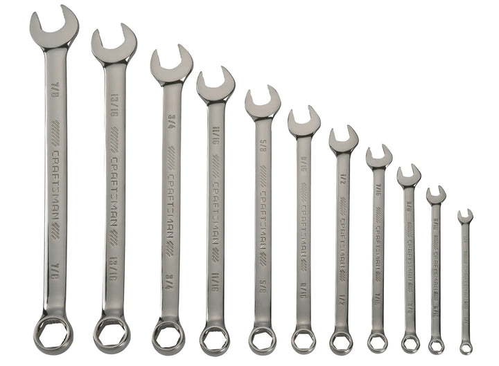 A set of ten silver combination wrenches of different sizes arranged in a row on a white background. Each wrench shows the CRAFTSMAN brand and has both an open-end and a box-end.