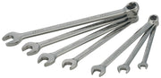 A set of six metal combination wrenches arranged in a fan shape. Each wrench has an open end and a closed, ratcheting end. The wrenches are marked with the brand name and different sizes.