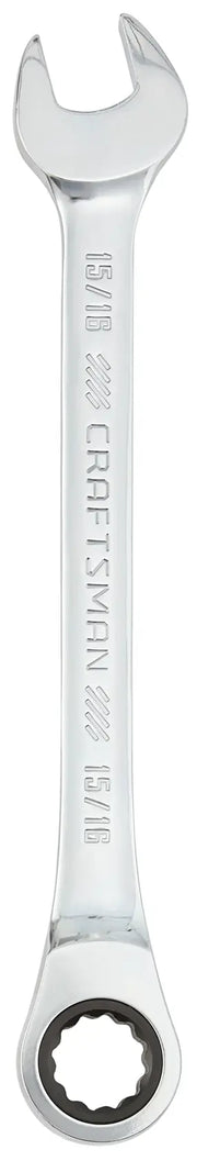 Photo of Craftsman 15/16 inch ratcheting combination wrench CMMT87901, silver finish, flat lay on white background.
