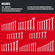 CRAFTSMAN CMMT87901 wrench set with assorted ratcheting combination and flex head wrenches arranged on red background.