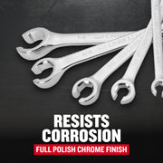 Photo of CRAFTSMAN combination wrenches with polished chrome finish, SKU CMMT87903, on black background, flat lay.