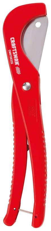 Photo of Craftsman pipe cutter CMMT98335, red handle, side angle, silver cutting blade visible.