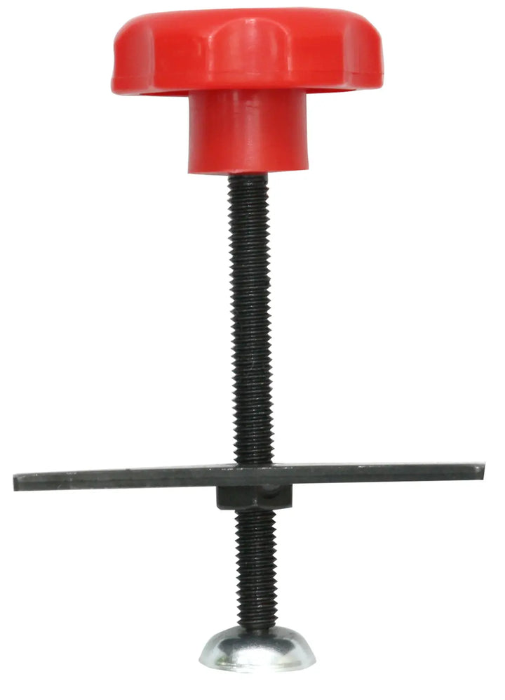 A metal T-bar photo mount screw with a black threaded shaft, a large red plastic knob on top, and a flat metal base at the bottom, commonly used in photography for mounting or securing backdrops or equipment.