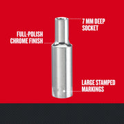 Craftsman 7 mm deep socket with full-polish chrome finish and large stamped markings, CMMT99142, front angle.