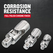 Photo of three Craftsman universal joint adapters SKU CMMT99277, chrome finish, shown on black background, front angle.