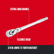 Craftsman CMMT99426 3/8 in. drive 72-tooth ratchet with extra-long handle and flexible head, angled view.