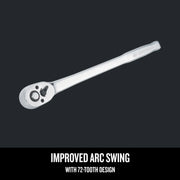 Photo of Craftsman ratchet wrench CMMT99427, chrome finish, 72-tooth design, angled on black background.