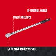 Craftsman 1/2 in. drive torque wrench CMMT99434 with bi-material handle and hassle-free lock, front-side view on red background.