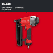 Photo of Craftsman 16 gauge finish nailer CMPFN16K, red and black, side angle against red background.