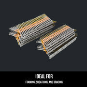 Photo of CRAFTSMAN collated framing nails, silver with orange strip, SKU CMRH21PP, graphics category, angled view.
