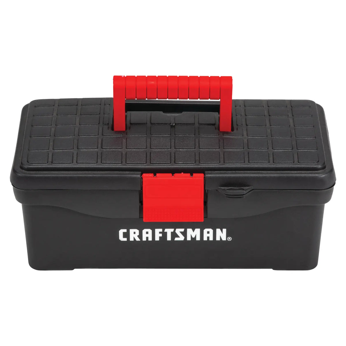 Craftsman CMST13004 black plastic toolbox with red handle and latch, front view on white background.