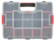 Photo of CRAFTSMAN organizer box, SKU CMST14022, clear plastic with black handle and red latches, top view.
