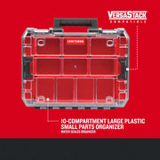 Photo of Craftsman CMST17817 large plastic small parts organizer with 10 compartments, clear lid, top handle, front angle.