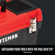 Craftsman tool box CMST20901 with pad lock eye, close-up front angle, red and black plastic body.