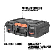 Craftsman CMST21415 black plastic tool box with orange latch, white background, front angle view, showing automatic stacking, one touch release, and Versastack compatibility.