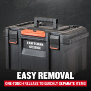 Photo of CRAFTSMAN TRADESTACK black tool box with orange latch, front angle, SKU CMST21445.