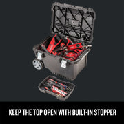 Craftsman wheeled tool box CMST24800 with open lid, filled with red tools, and removable tray on white background angle.