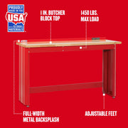 Photo of Craftsman workbench CMST27200R with 1 in. butcher block top, full-width metal backsplash, adjustable feet.