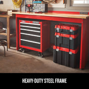 Photo of Craftsman CMST27200R graphics showing a red steel workbench with tool chest and stackable storage boxes.