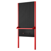 A CRAFTSMAN branded black and red pegboard unit featuring a perforated panel for tool storage, a built-in shelf, and an integrated power strip at the bottom. The unit is designed for workspace or garage organization.