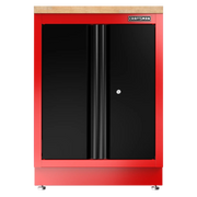 Red and black Craftsman storage cabinet with two doors and wood top, suitable for garage or workshop organization.