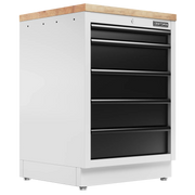 White cabinet with black drawers and wood top, CRAFTSMAN brand. Suitable for workshop or garage storage.