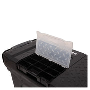 Craftsman black organizer box CMST33026 with open clear lid showing multiple small compartments, top angle photo.