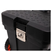 Craftsman rolling toolbox CMST33026, close-up of textured black lid and metal latch, front angle.