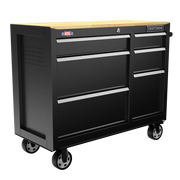 Photo of CRAFTSMAN rolling tool chest CMST34062BK with black metal body, wood top, and multiple drawers, angled view.